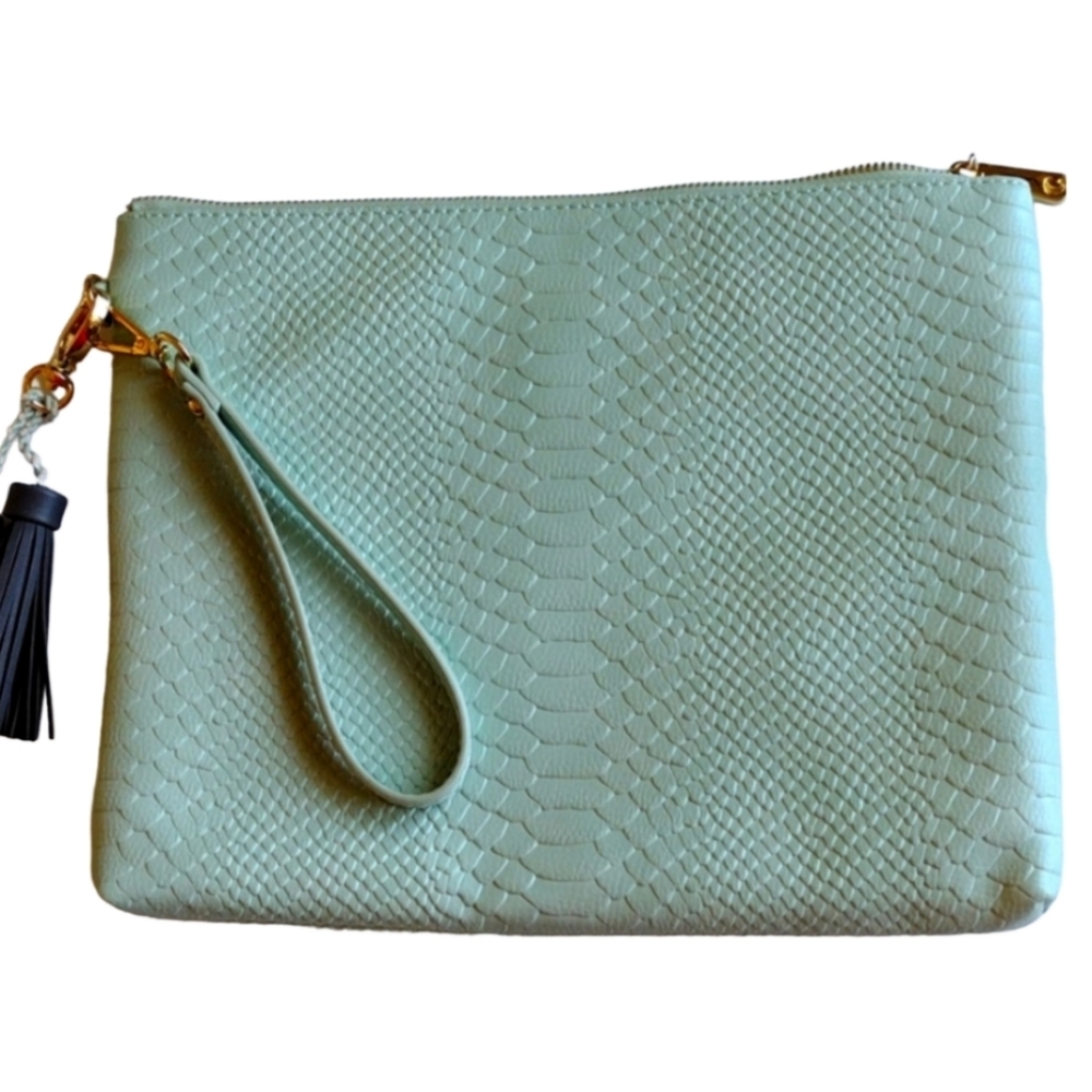 Charming Charlie Clutch Light Green‎ Gold Zipper and Tassels